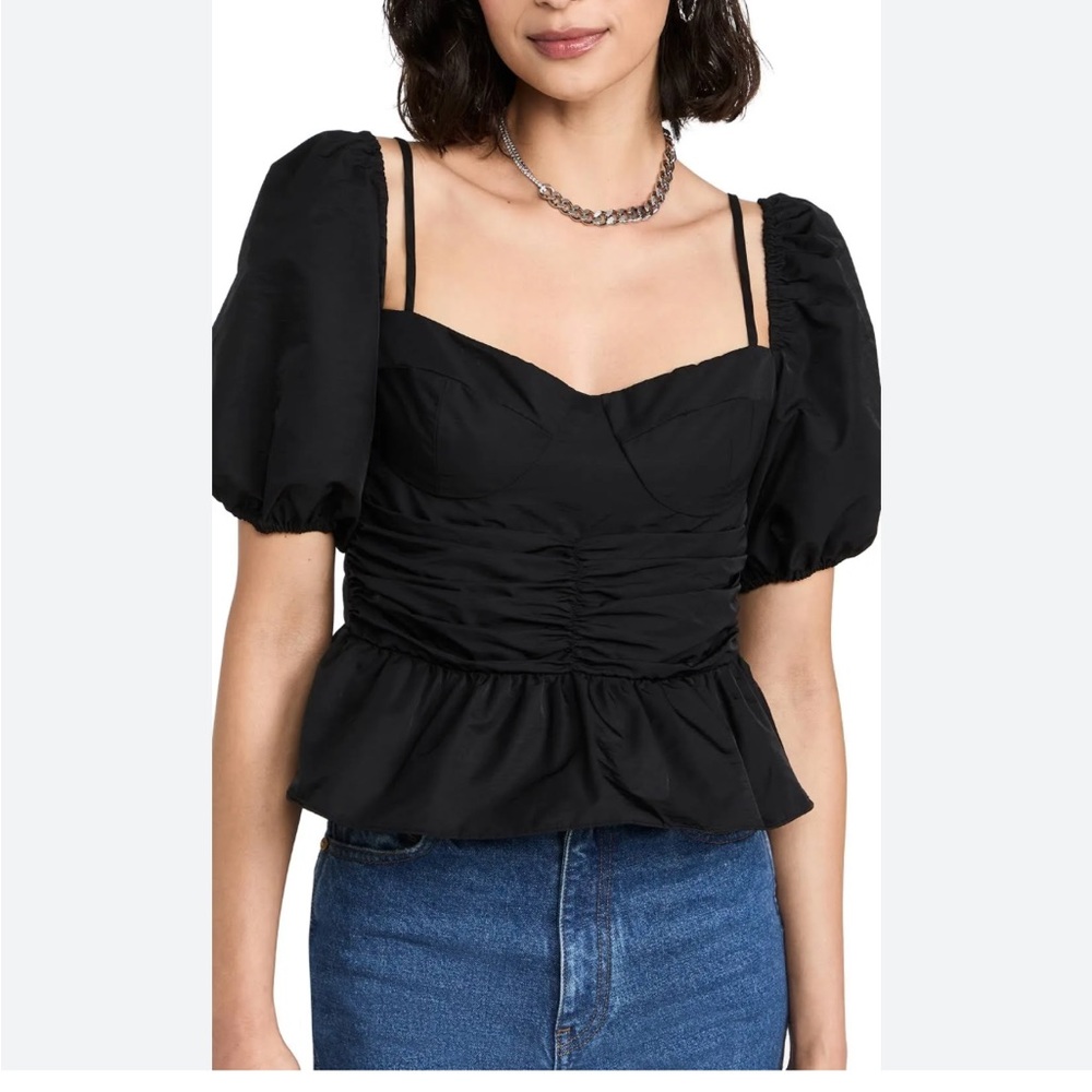 Wayf Black Puff Sleeve Sweetheart Neck Peplum Top